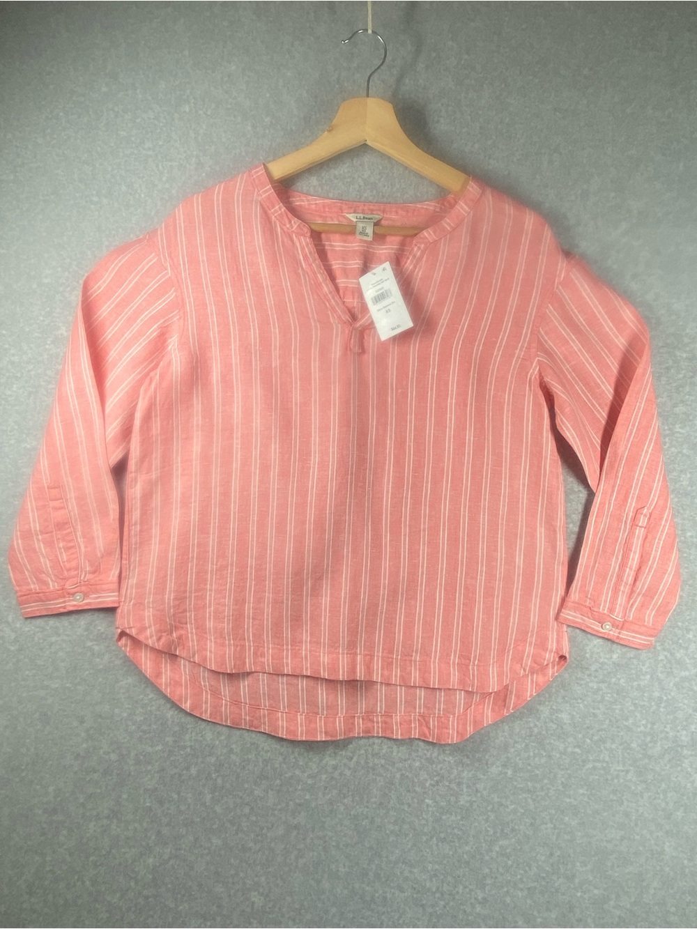 LL Bean Women's shirt women’s size XS Salmon Striped Long Slv 100% linen NWT